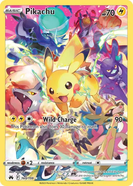Pikachu Pokémon card from Crown Zenith, card 160/159.